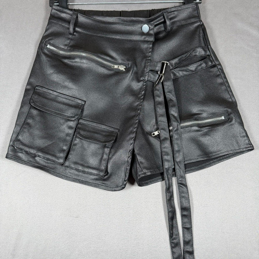 Faux Leather Rave Skort Womens Medium M Black Zipper Wrap Punk Streetwear Goth